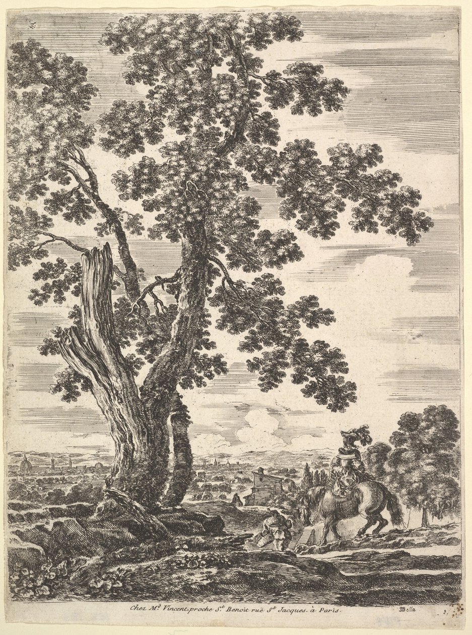 Uma mulher a cavalo vista de trás descendo uma colina à direita, uma grande árvore ..., ca. 1652-57. de Stefano della Bella