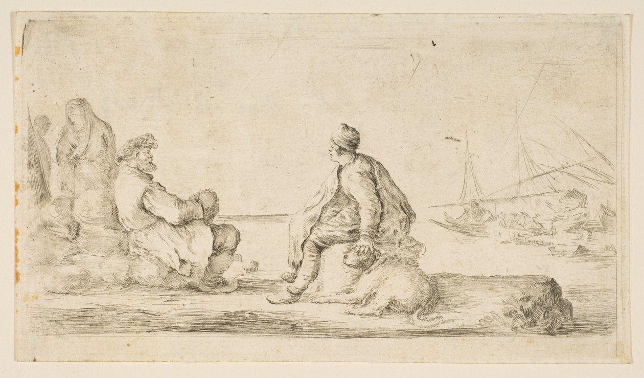 Um jovem marinheiro e um homem velho sentados junto ao mar, século XVII. de Stefano della Bella