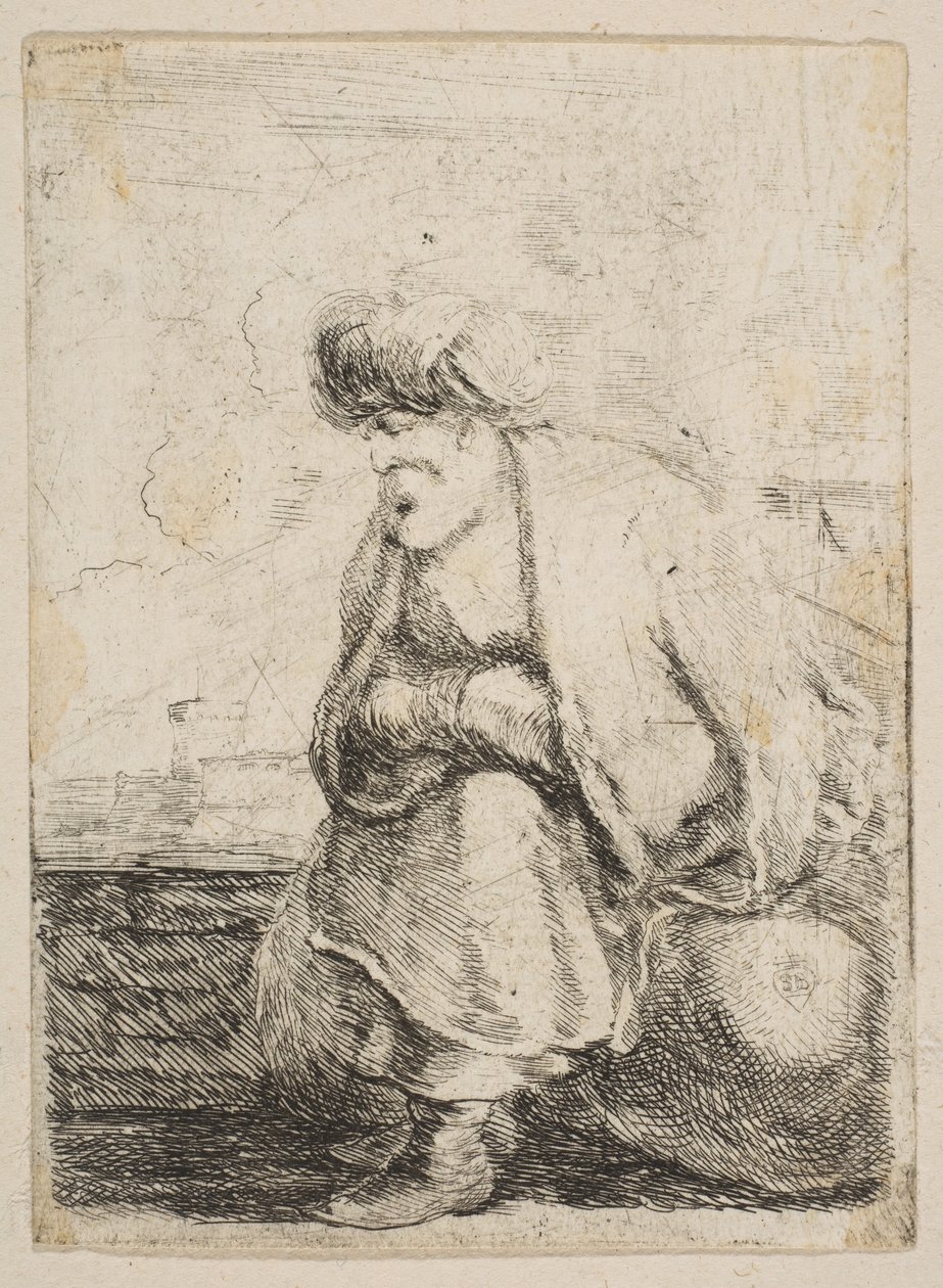 Um velho turco sentado em uma pedra, c. 1662. de Stefano della Bella
