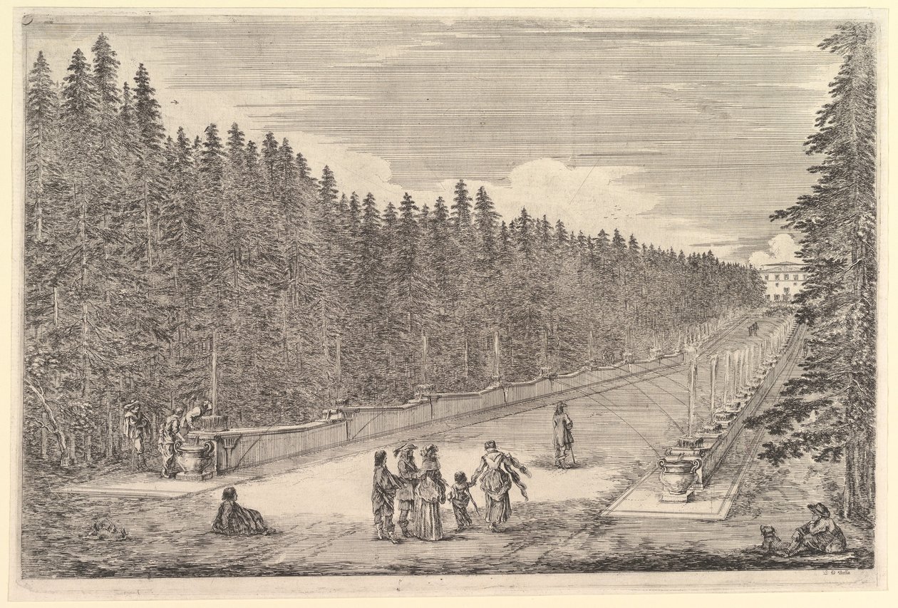 Um beco com fontes, um grupo de pessoas, da obra «Vistas da villa de Pratolino» (Vues de la villa de Pratolino) de Stefano della Bella