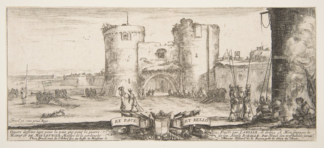 Uma entrada para uma fortaleza no centro, uma mulher com criança sentada ao lado de uma fogueira à direita, sol ..., ca. 1641 de Stefano della Bella
