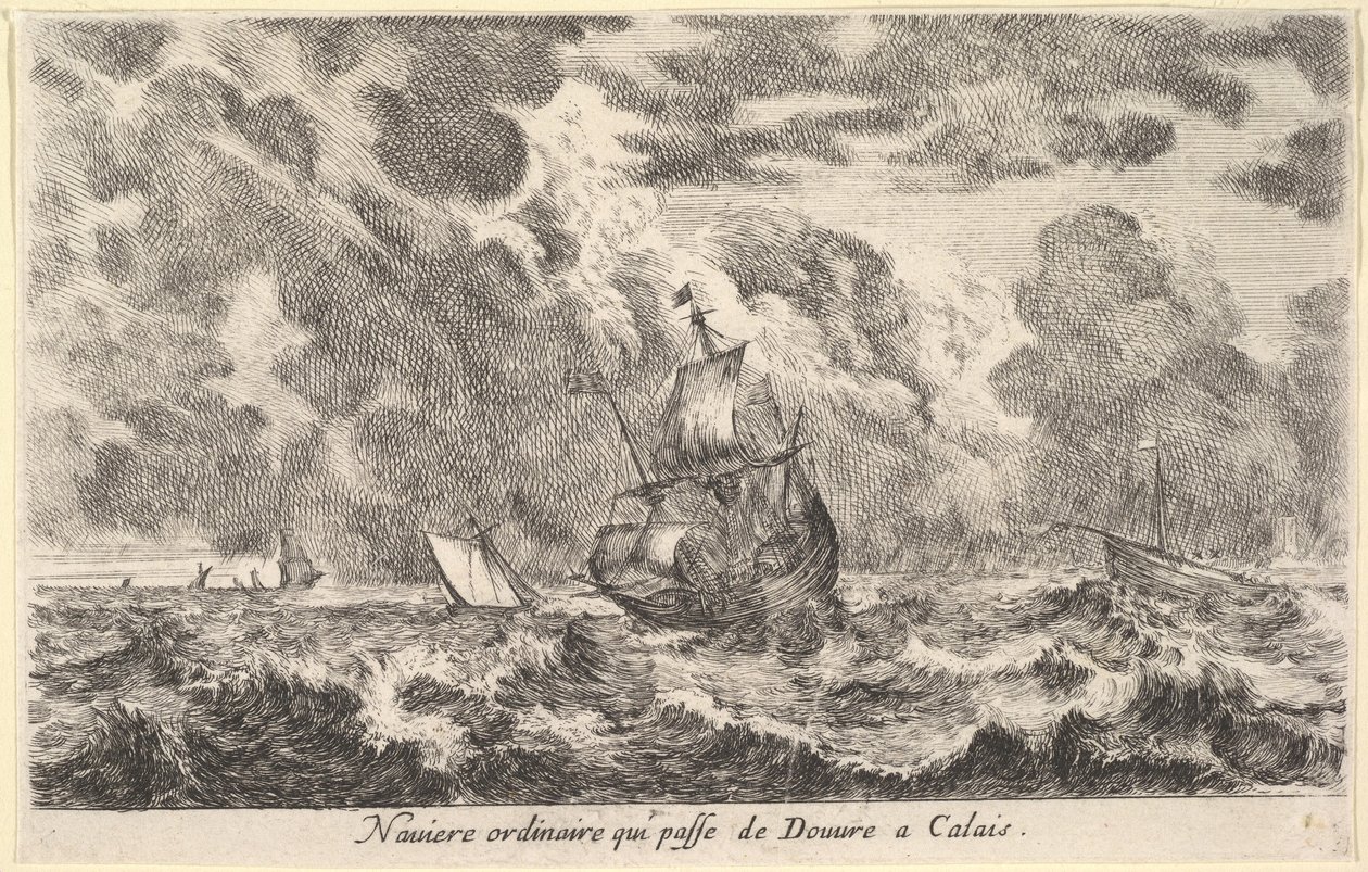 Um navio comum viajando entre Douvre e Calais Naviere qui passe de Douv ..., 1647. de Stefano della Bella