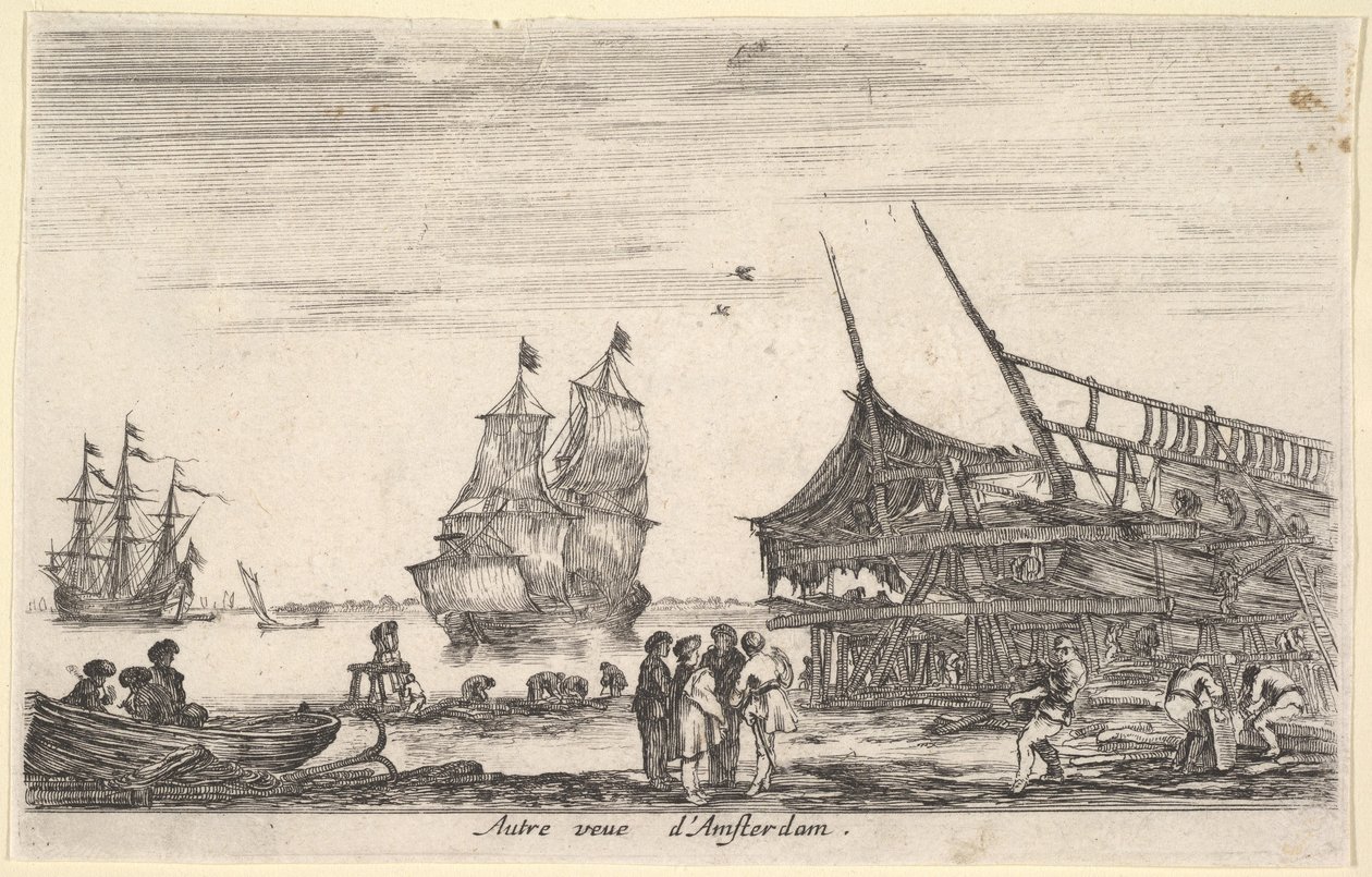 Outra visão da Amsterdam Autre vue dAmsterdam, um grupo de quatro homens está no centro em ..., 1647. de Stefano della Bella