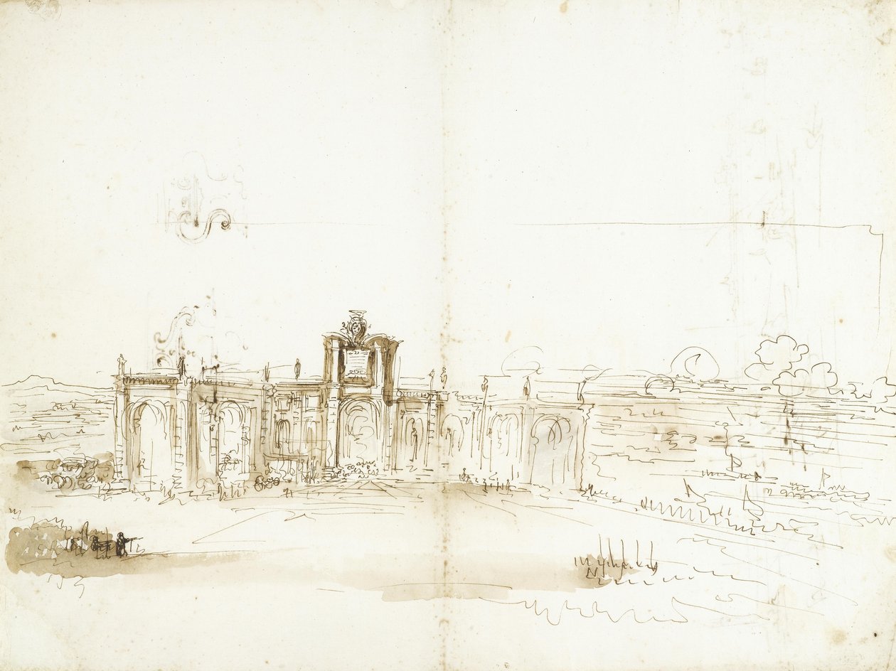 Vista do porto de Livorno com um edifício que ostenta o brasão dos Médici [anverso]; vista do porto e dois esboços ornamentais [verso] de Stefano della Bella