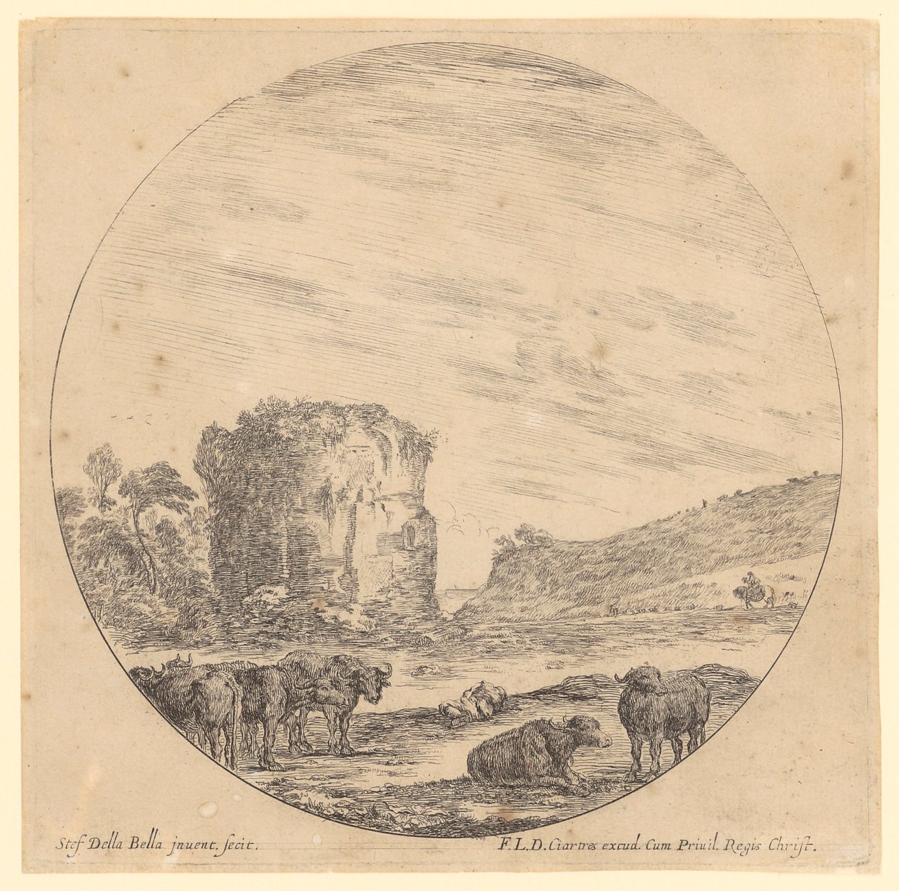 Ruína de templo antigo com búfalos deitados e um cavaleiro ao fundo de Stefano della Bella