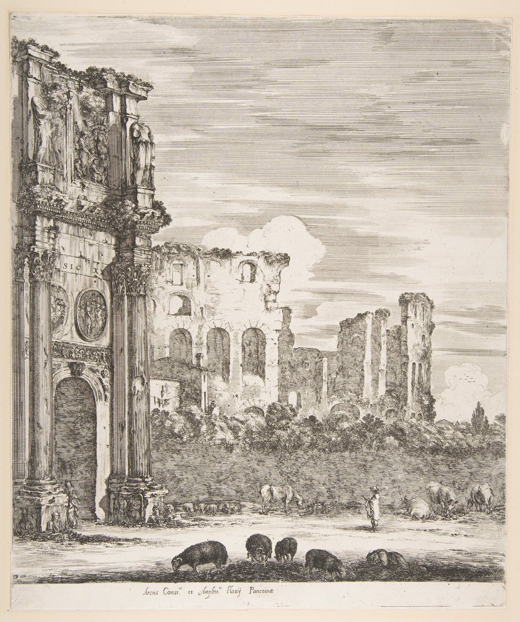 Arco de Constantino e Coliseu com ovelhas a pastar em primeiro plano, de «Seis grandes vistas, quatro de Roma e duas da Campagna Romana» (Seis grandes vistas, das quais quatro de Roma e duas da Campagna Romana) de Stefano della Bella