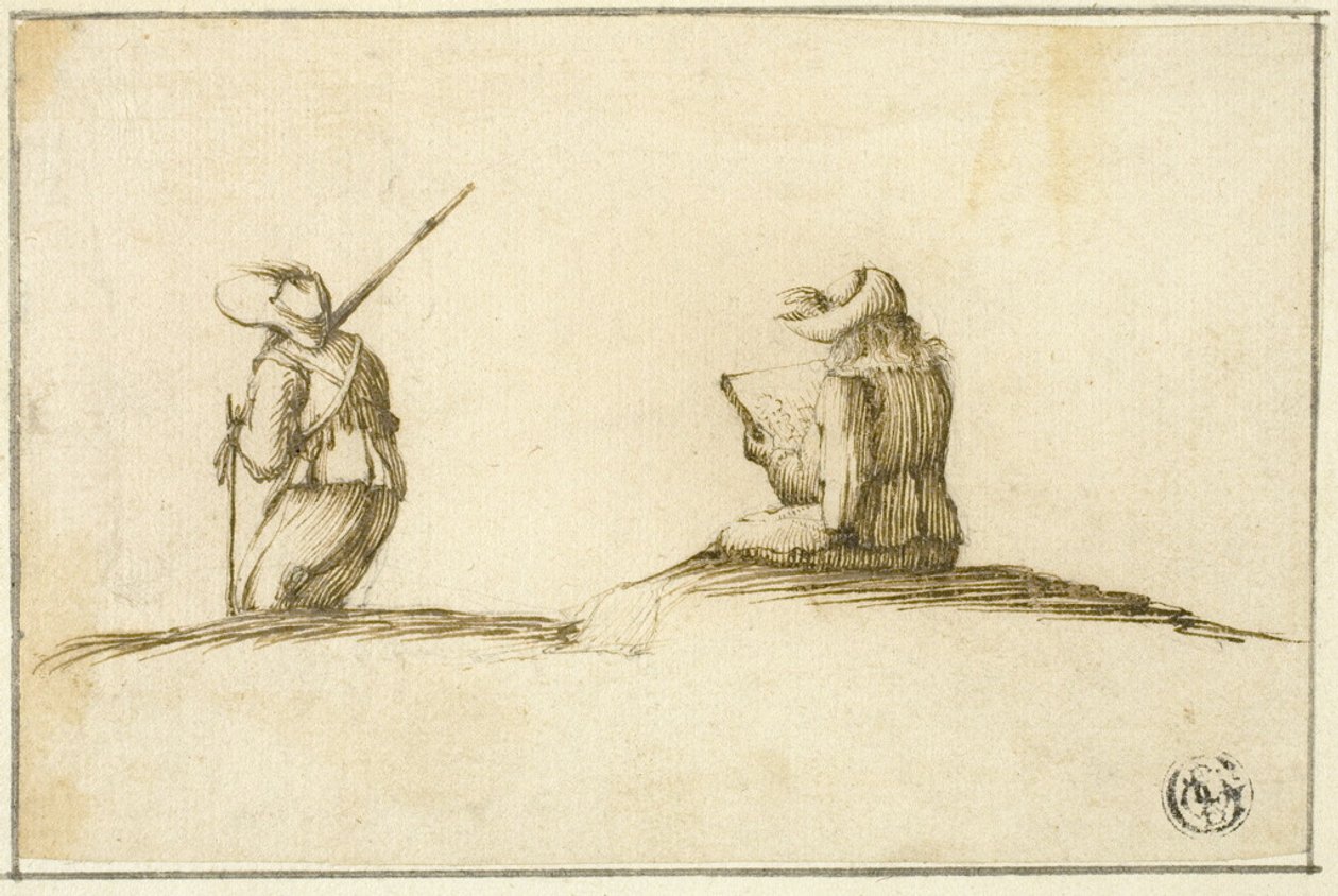 Artista a desenhar e soldado, ambos vistos de costas de Stefano della Bella