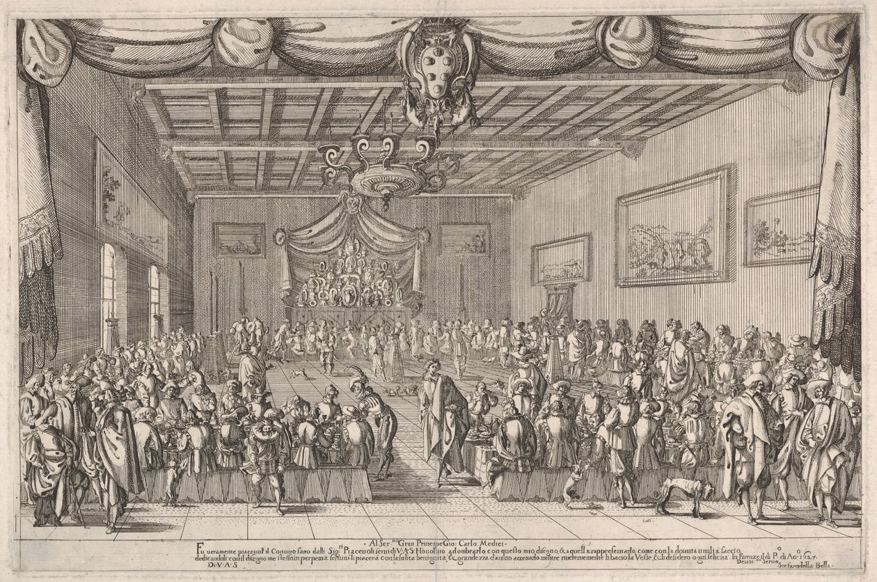 Banquete dos Piacevoli, com o brasão dos Medici na parte superior central de Stefano della Bella