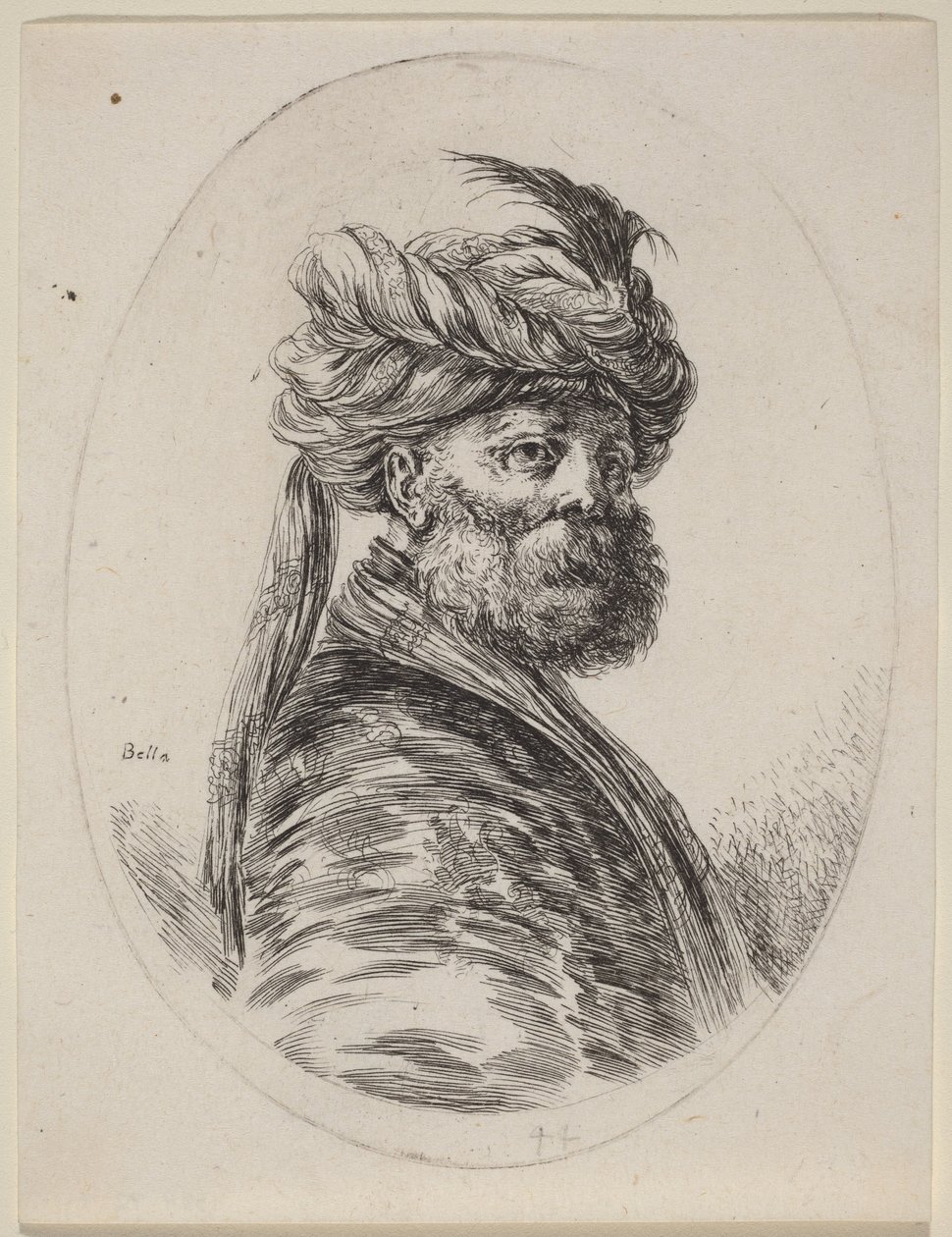 Mouro barbudo com turbante de plumas e véu, voltado para a direita de Stefano della Bella