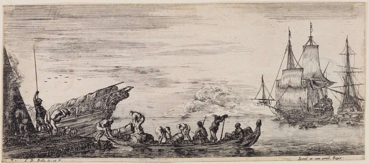 Carregamento de vários navios: à esquerda, cais de carga com posto de guarda e estivadores a descarregar um barco de Stefano della Bella