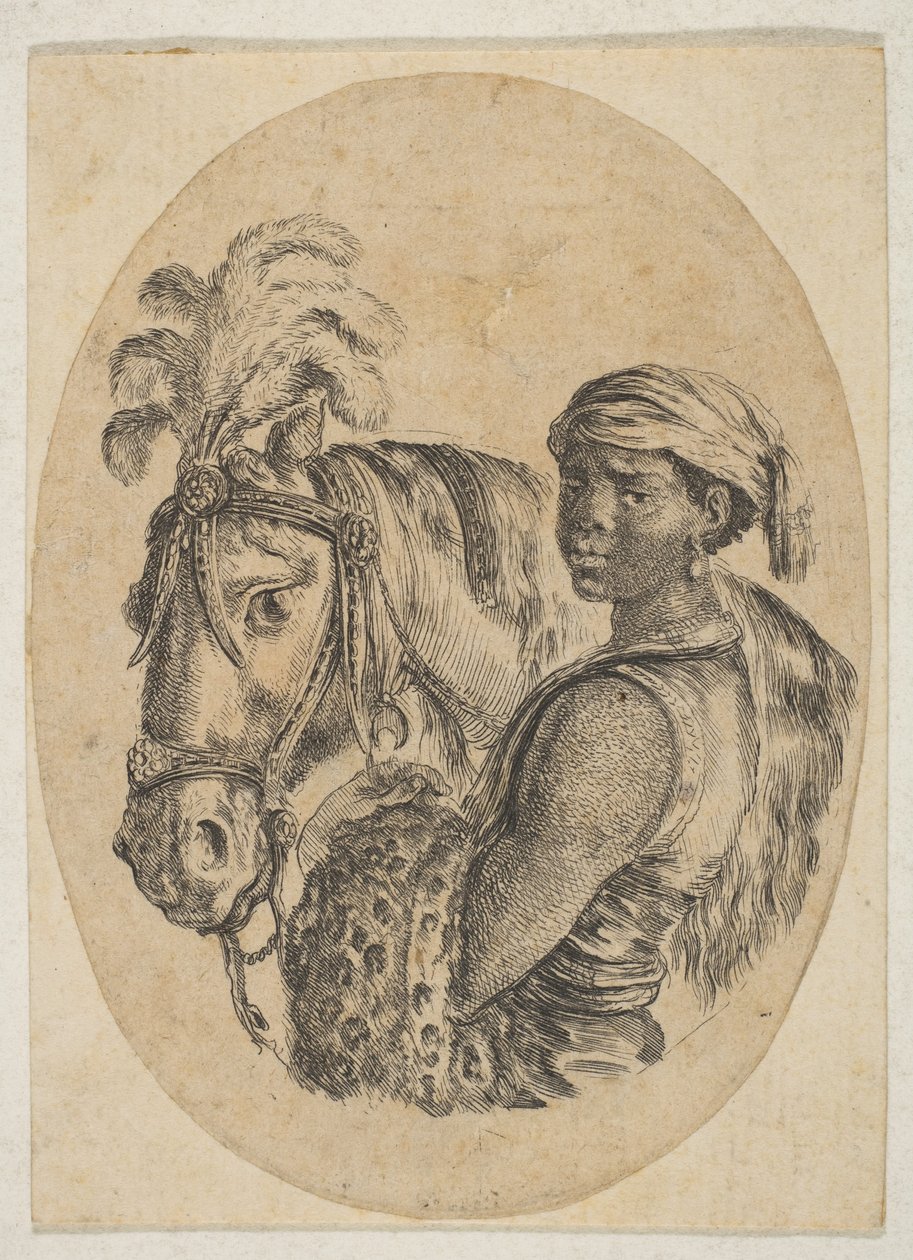 O escravo negro carrega uma pele de leopardo e segura o freio de um cavalo, de Várias cabeças ..., 1649-50. de Stefano della Bella