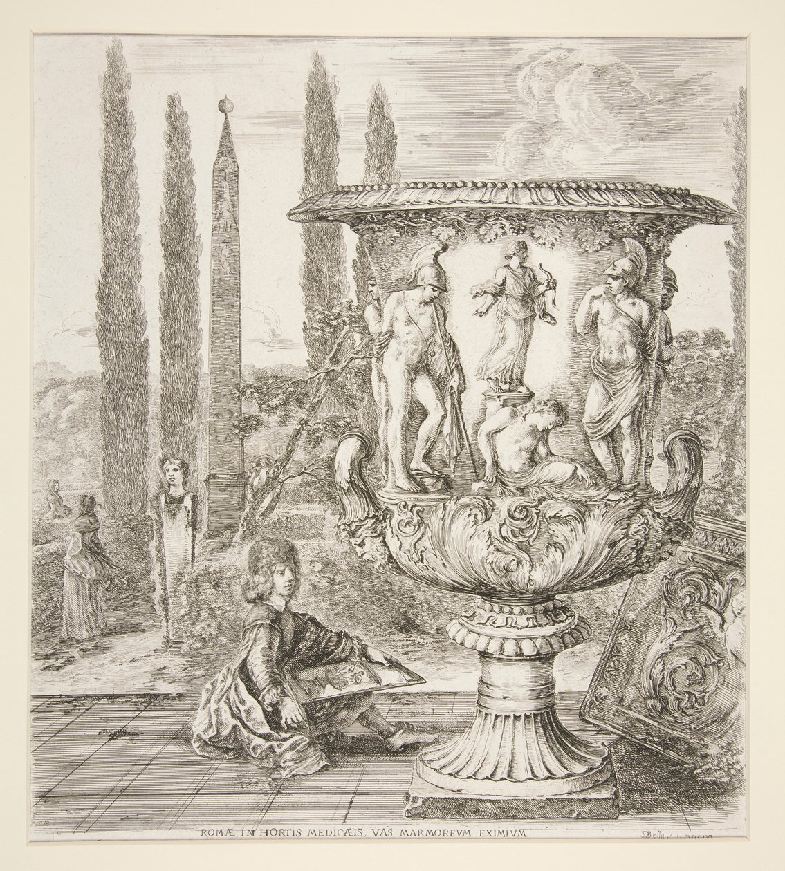 Rapaz desenhando o vaso Medici em um jardim italiano de Stefano della Bella