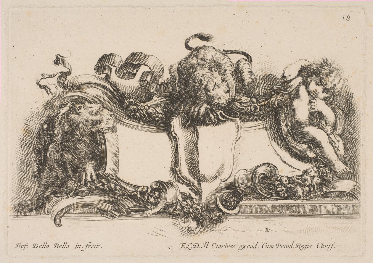 Cartela contendo um escudo vazio encimado por um leão e emoldurado por um leão e uma criança, 1646. de Stefano della Bella