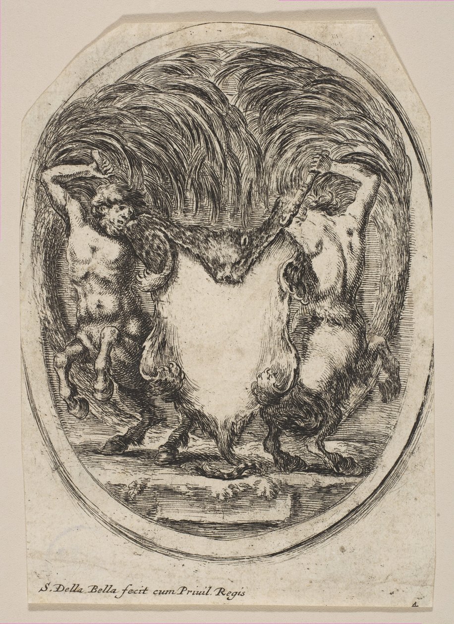 Cartela formada por uma pele de tigre ladeada por dois centauros, 1647. de Stefano della Bella