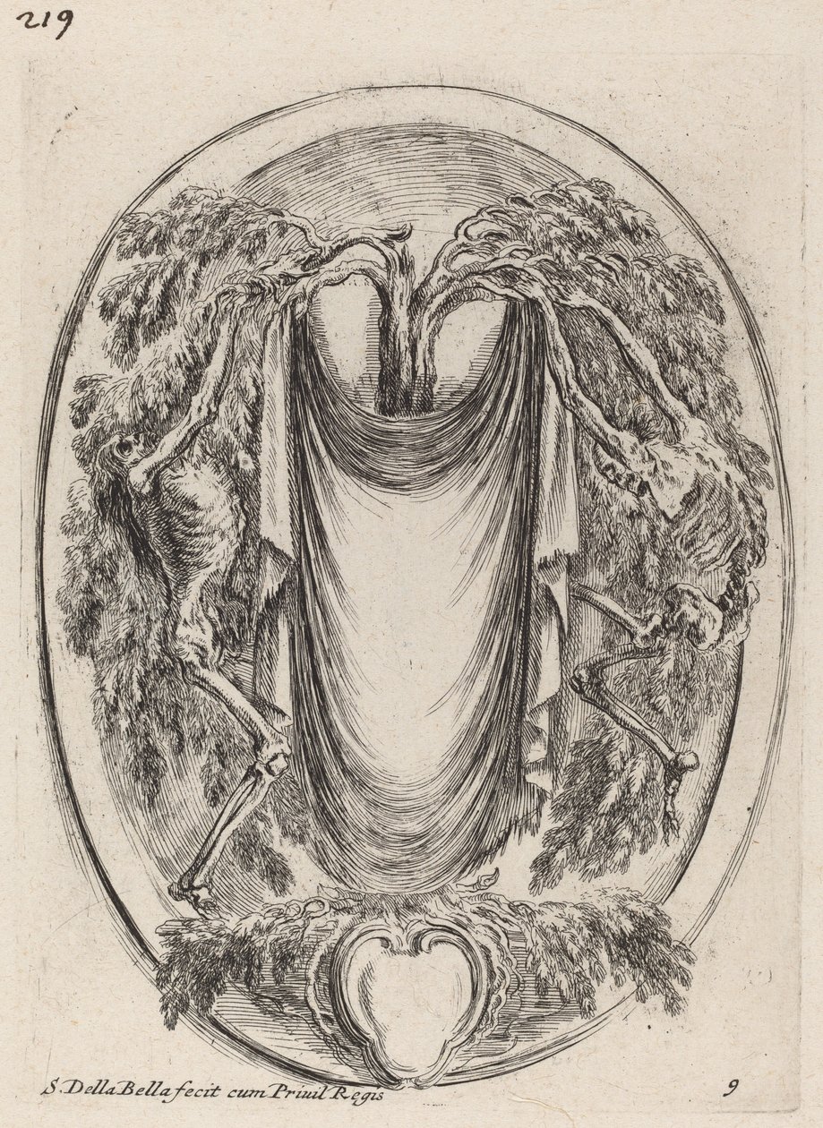 Cartouche na forma de uma cortina suspensa de um cipreste flanqueado por esqueletos de Stefano della Bella