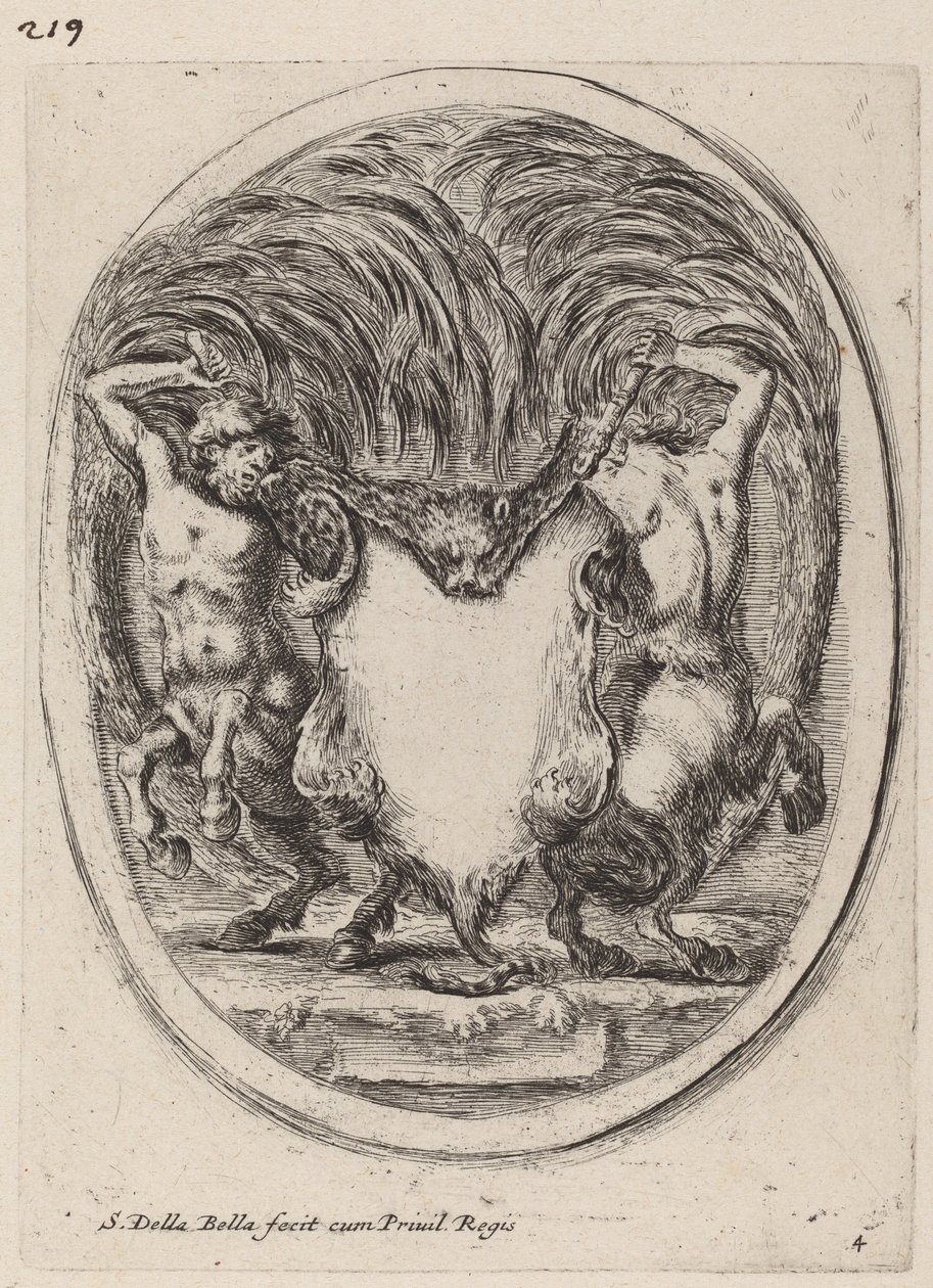 Cartouche na forma de um tigre esfolado apoiado por centauros de Stefano della Bella
