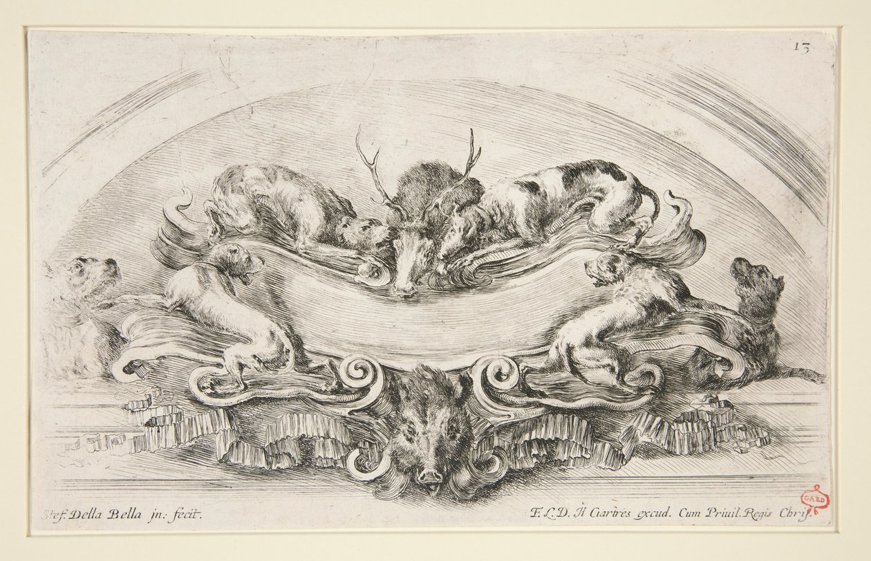 Cartouche com cães, veado e cabeça de javali de Stefano della Bella
