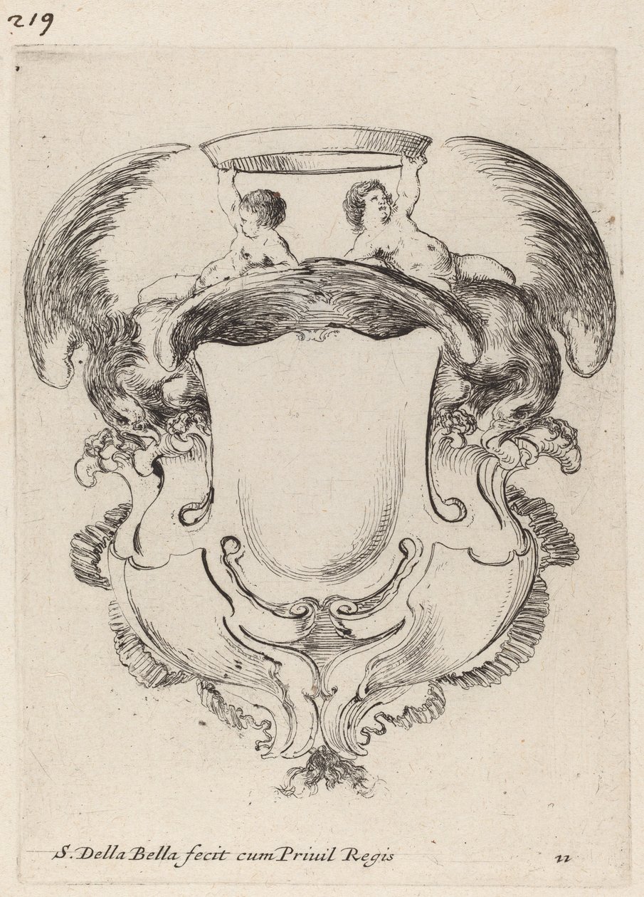 Cartouche com águias e dois bebês segurando uma coroa de Stefano della Bella