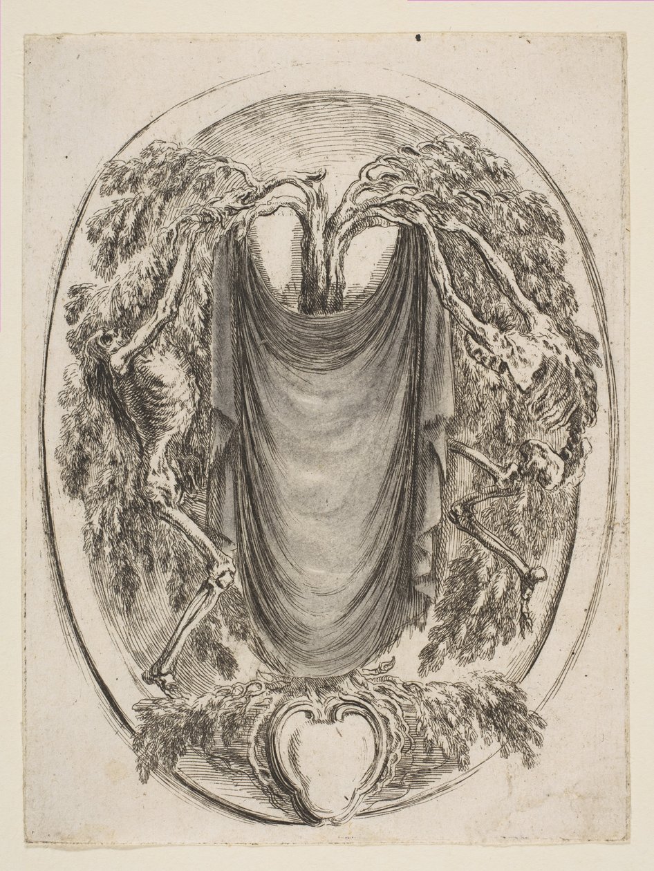 Cartela com esqueletos, 1647. de Stefano della Bella