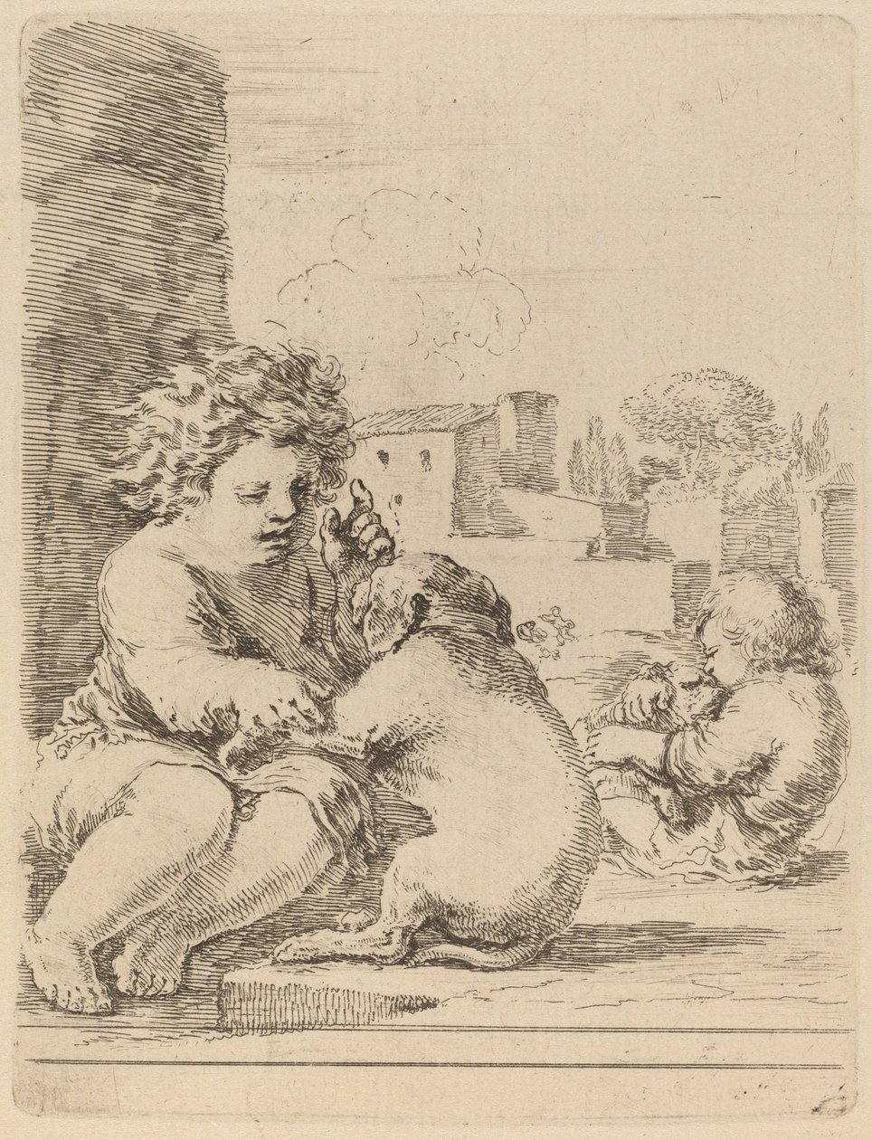 Criança brincando com um cachorro. de Stefano della Bella