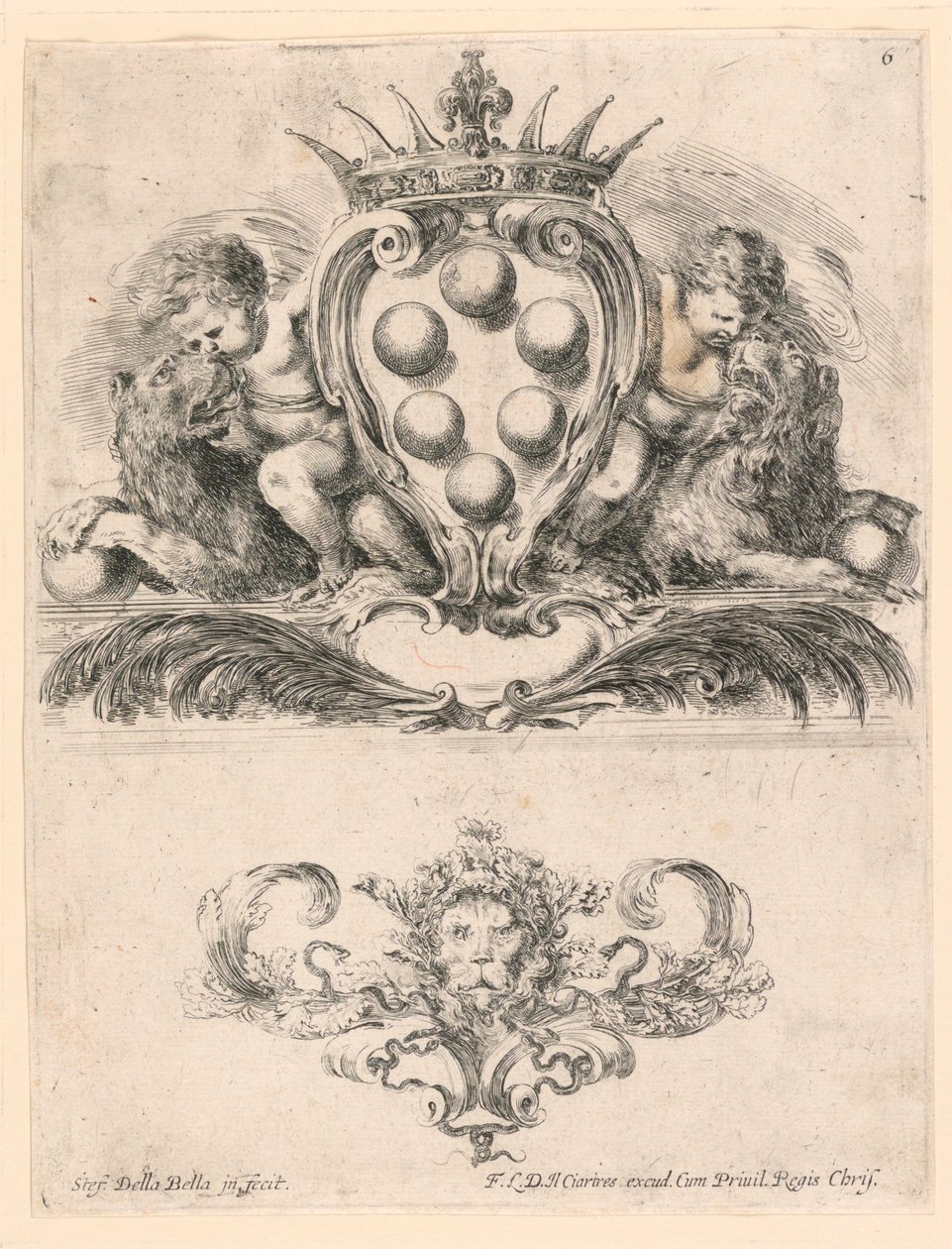 Brasão do Grão-Duque da Toscana: Ornamento com Máscara de Leão, nº 6 da "Coleção de vários caprichos e nove invenções de pastas e ornamentos" de Stefano della Bella
