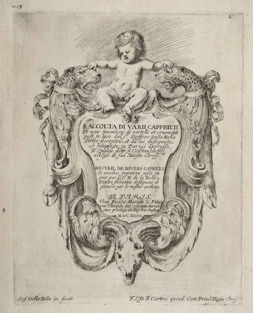 Coleção de vários caprichos e novos desenhos de cartelas e ornamentos. de Stefano della Bella