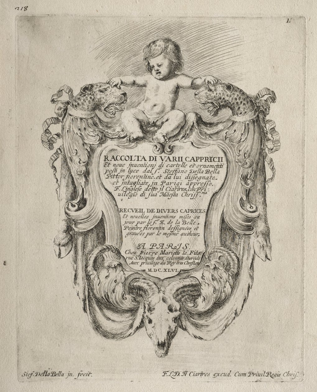 Coleção de Vários Caprichos e Novos Desenhos de Cartuchos e Ornamentos: Nº 1, Página de Título de Stefano della Bella
