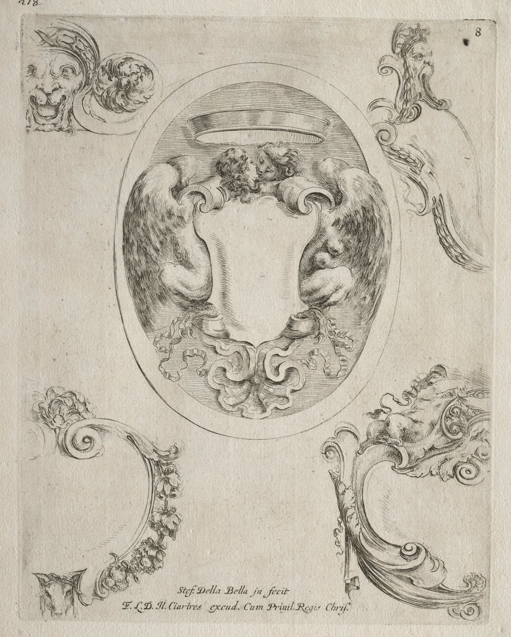 Coleção de vários caprichos e novos desenhos de cartelas e ornamentos: no 8. de Stefano della Bella