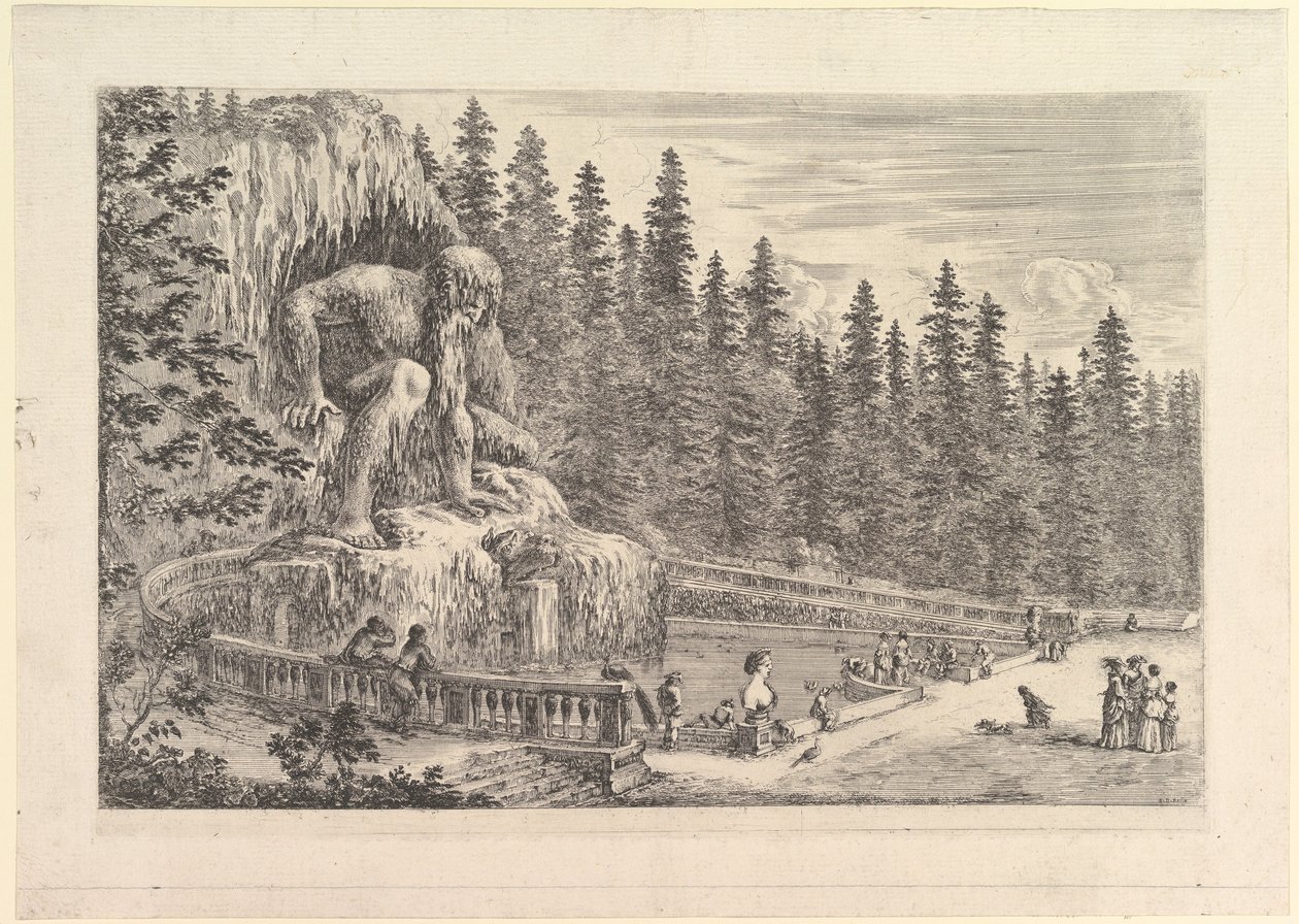 Estátua colossal do Appenino de Giambologna para a esquerda, representada como um agachamento gigante ..., ca. 1653 de Stefano della Bella