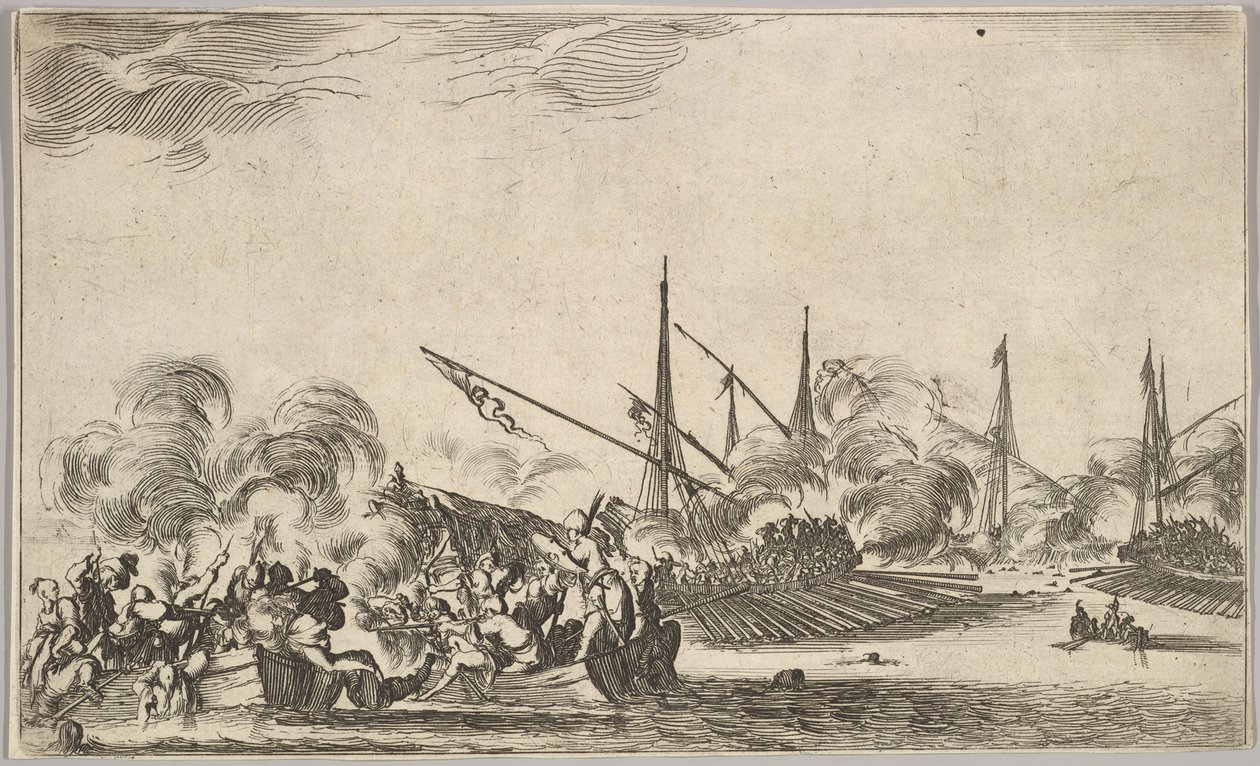 Combate entre vários barcos a remos e navios, dois grupos de homens em barcos a remos lutando para a esquerda ..., 1639. de Stefano della Bella