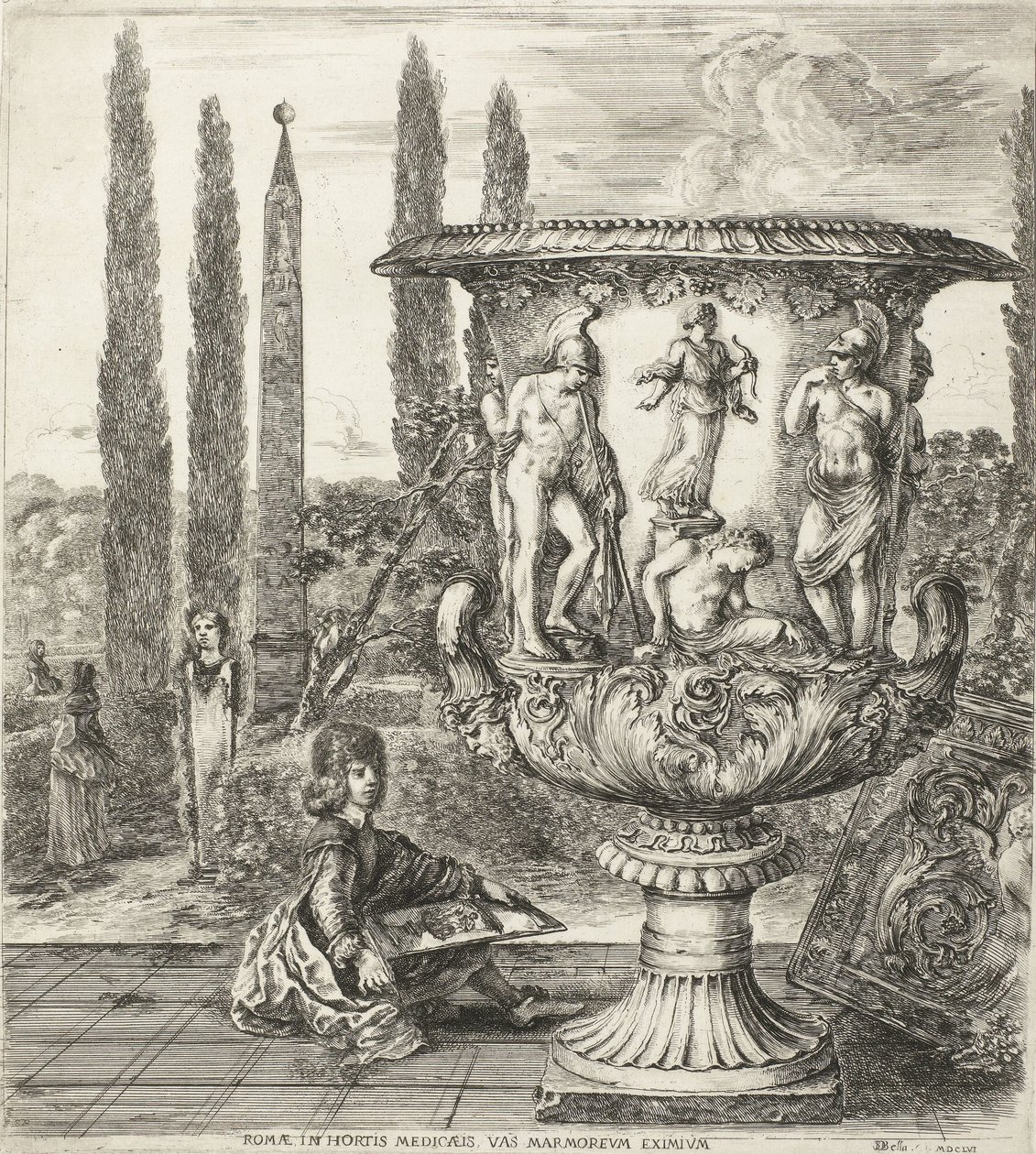O jovem Cosimo III de Medici assina o vaso de Medici
Romae, in hortis Medicaeis marmoreum eximium (título sobre o objecto)
Vistas de Roma e arredores (título da série)
Six grandes vues, dont quatre de Rome et deux de la Campagne romaine (título da série de Stefano della Bella