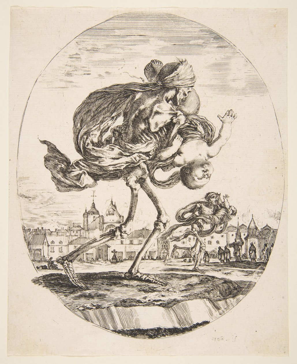 Morte carregando um bebê, das cinco mortes Les cinq Morts, ca. 1648 de Stefano della Bella