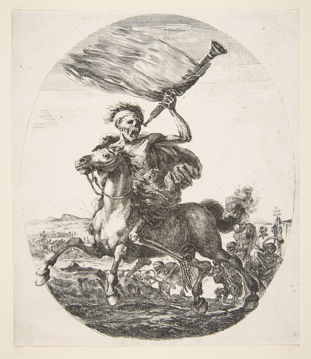 Morte a cavalo segurando uma trombeta, de As cinco mortes Les cinq Morts, ca. 1648 de Stefano della Bella