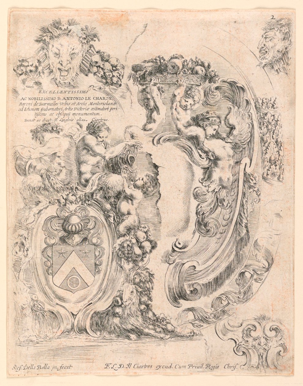 Escudos e Detalhes para Escudos, No. 2 de "Raccolta di varii cappriccii et nove inventioni di cartelle et ornamenti" de Stefano della Bella