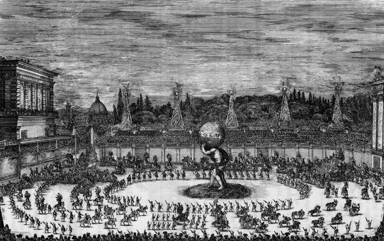 Fete a Florence in the 17th century in "Il mondo feggiante. Balletto a cavallo fatto nel teatro congiunto al Palazzo del Sereniss. Gran Duca, para o casamento real dos príncipes mais serenos Cosimo Terzo di Toscana e Margherita Luisa d