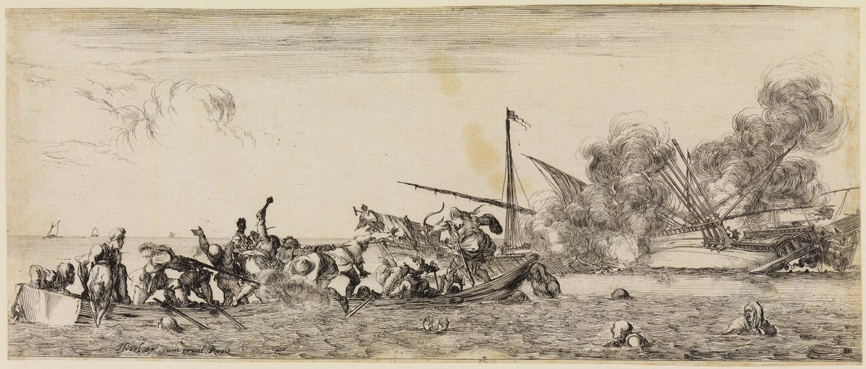 Paz e Guerra (Et pace et bello): Batalha naval com um barco a remos em primeiro plano de Stefano della Bella