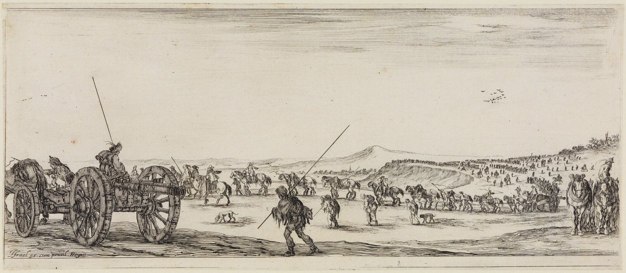 Paz e Guerra (Et pace et bello): Figuras com canhões e dois soldados equipados com lanças longas de Stefano della Bella