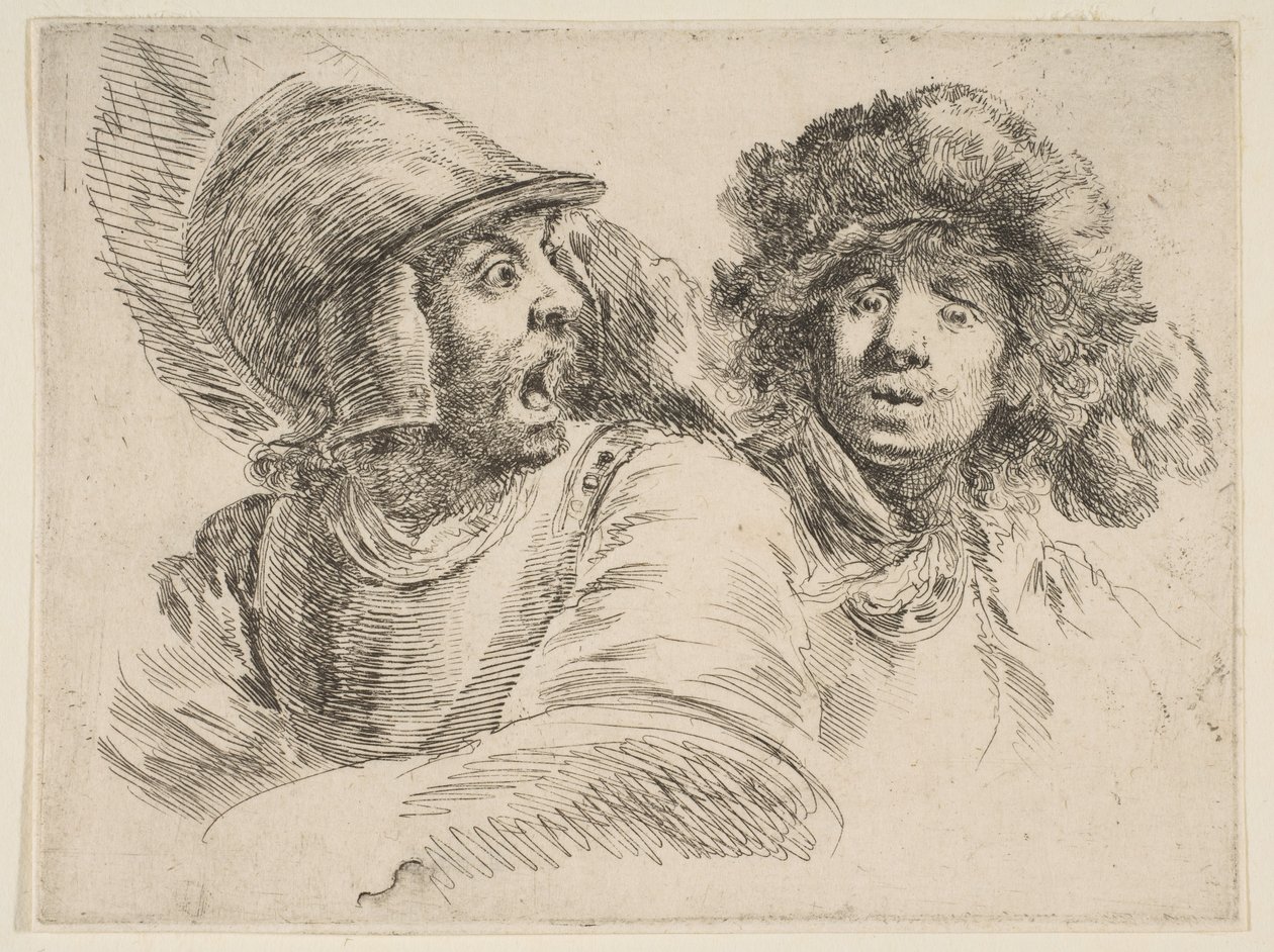 Soldado assustado e um homem com um chapéu de pele, ca. 1652 de Stefano della Bella