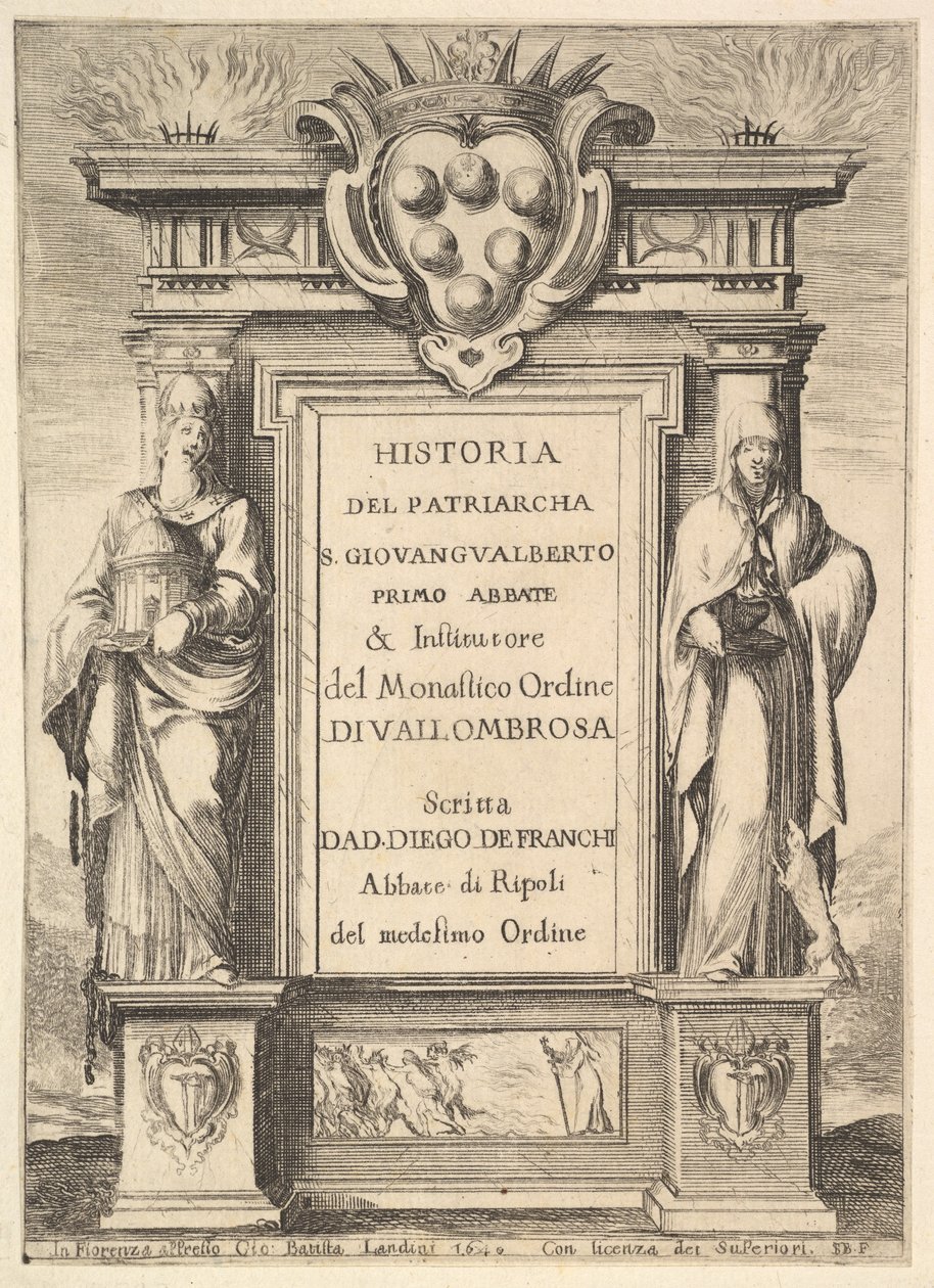 Frontispício: um monumento decorado com o brasão de armas Medici no topo no centro, arde um ..., 1640. de Stefano della Bella