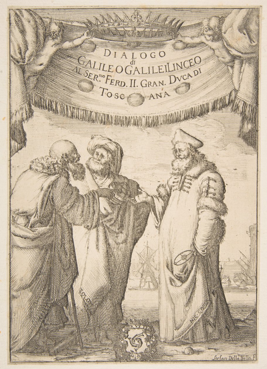 Frontispício para o diálogo de Galileo Galilei, 1632. de Stefano della Bella