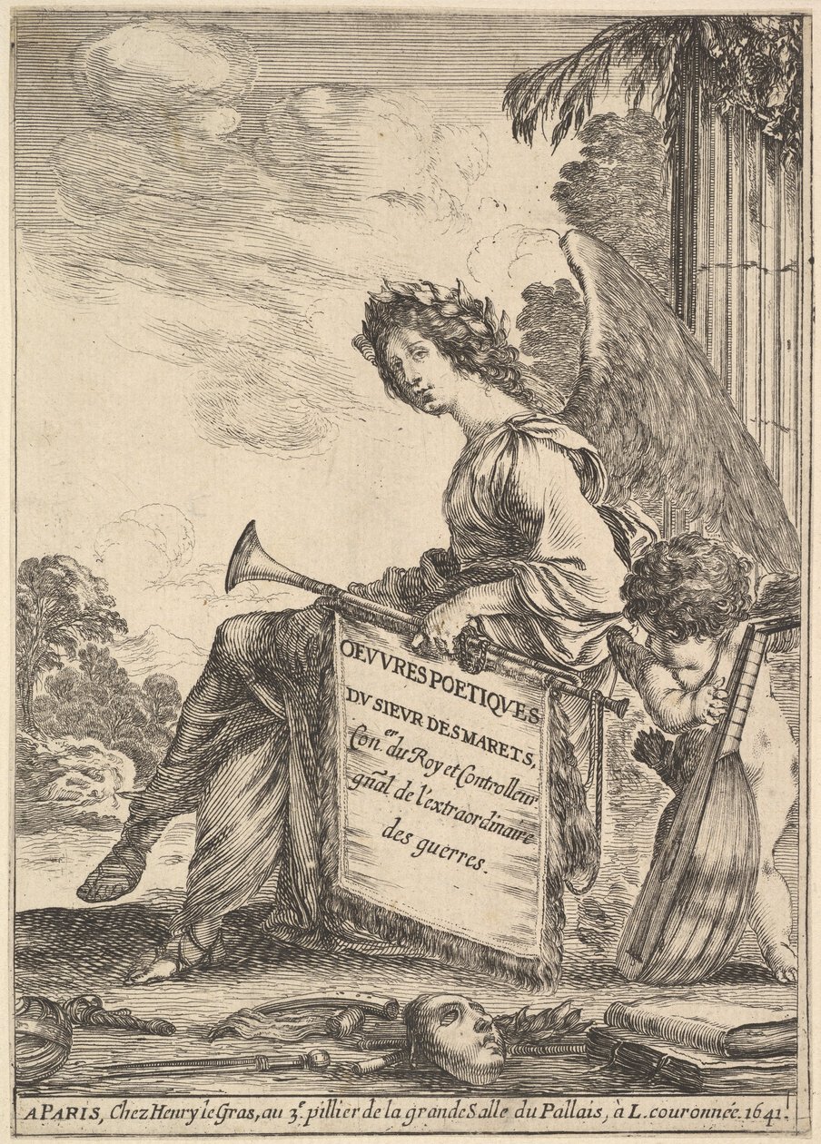 Frontispício para poemas de Desmarets Oeuvres poétiques de Desmarets: uma mulher alada rep ..., 1641. de Stefano della Bella