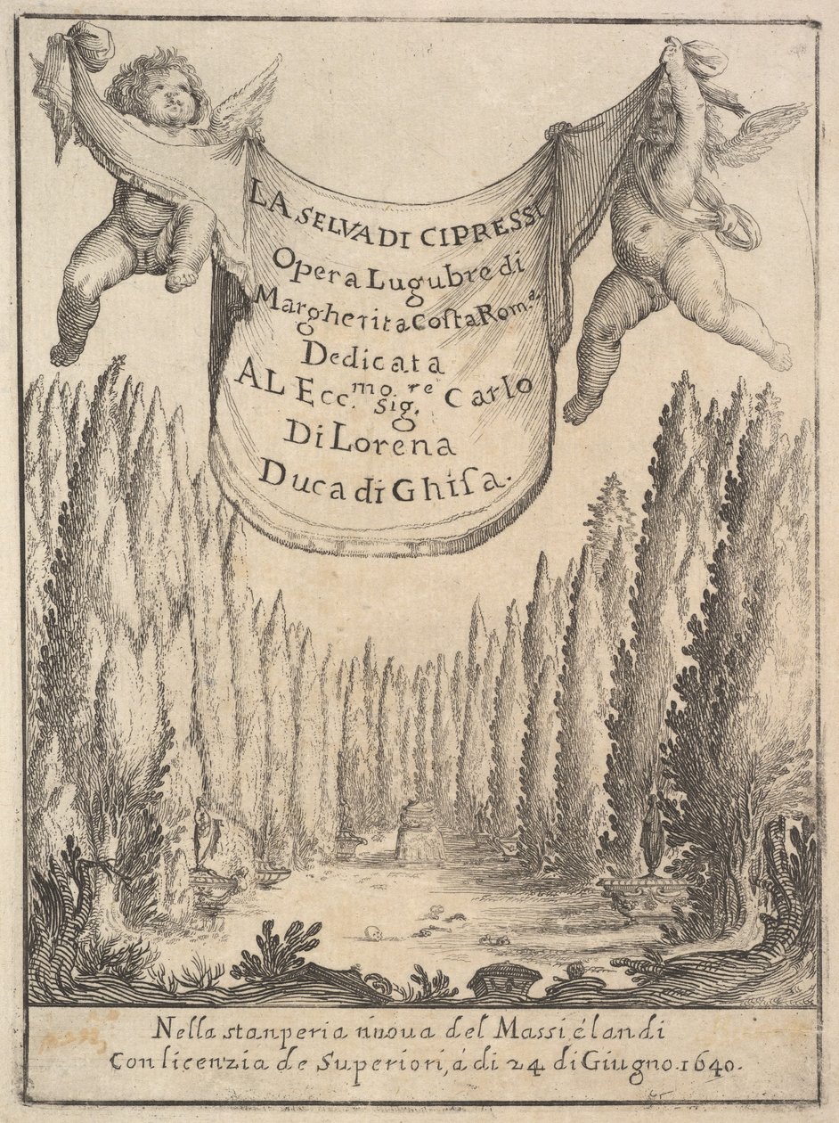 Frontispiece para a floresta de Cypress La selva di cipressi: dois putti seguram uma tapeçaria em ..., 1640. de Stefano della Bella