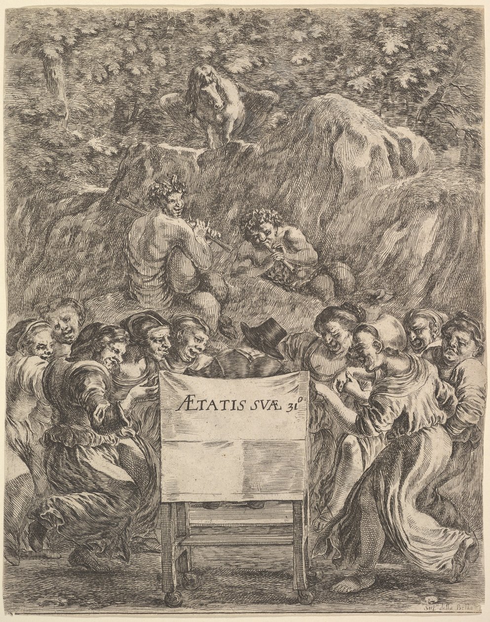 Frontispício para As obras de Scarron uvres de Scarron, o poeta sentado em uma cadeira ..., 1649. de Stefano della Bella
