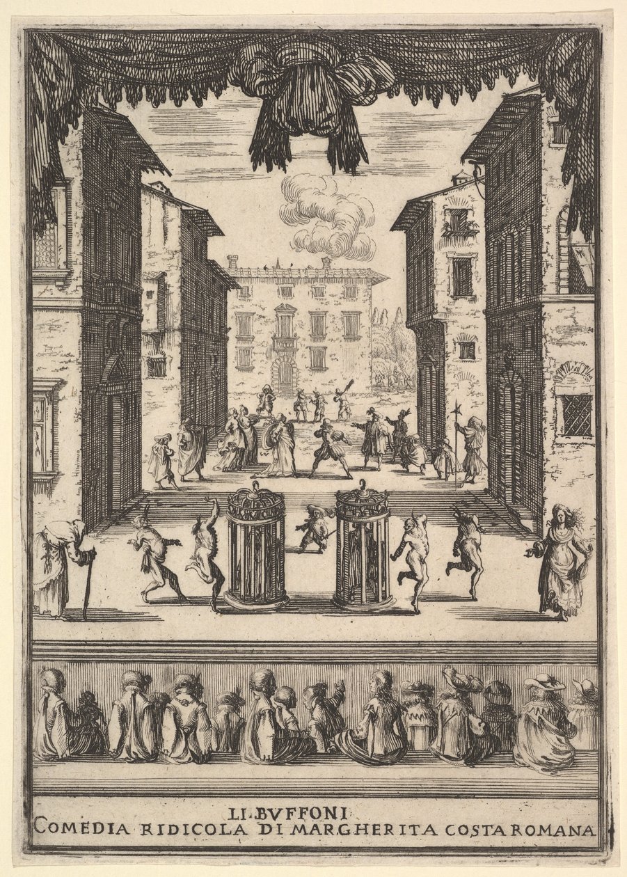 Frontispício da comédia The Buffoons Li Buffoni, um cenário no palco que lembra um pu ..., 1639-41. de Stefano della Bella