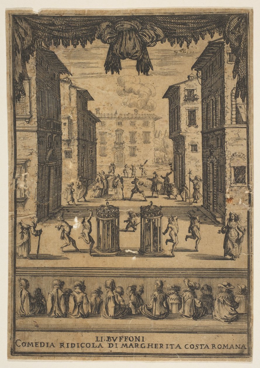 Frontispício da comédia The Buffoons Li Buffoni, um cenário no palco que lembra p ..., ca. 1639 de Stefano della Bella