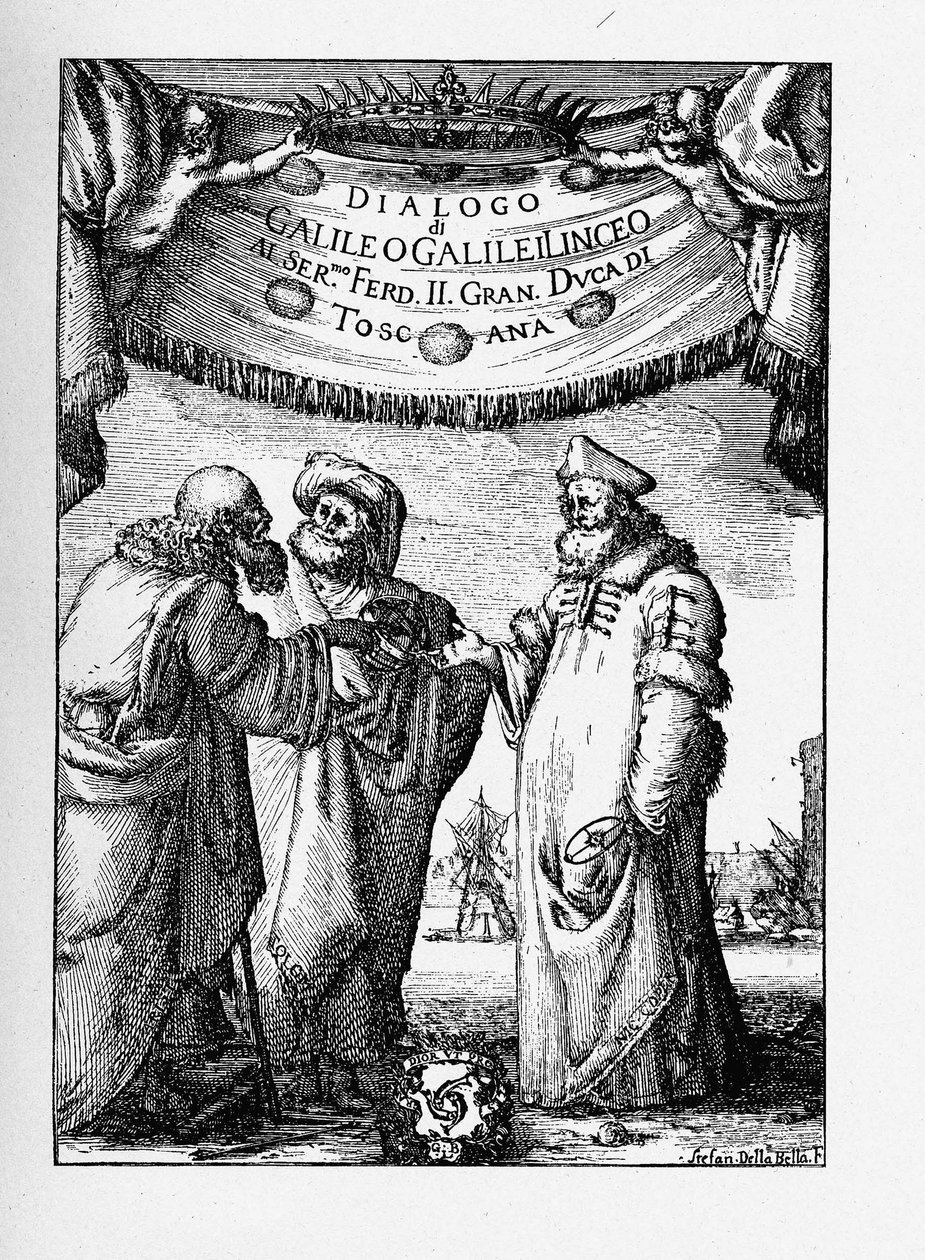 Frontispício do diálogo sobre os dois principais sistemas mundiais de Galileo Galilei, 1632 de Stefano della Bella