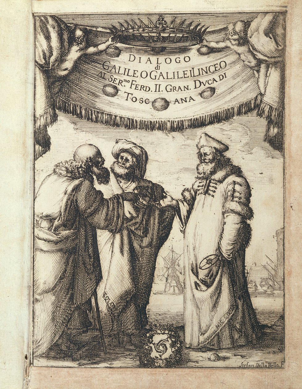 Galileo (esquerda) conversando com Ptolomeu (centro) e Copérnico, frontispício ilustrado de Dialogo sopra i devido Massimi Sistemi del Mondo, Tolemaico e Copérnico (Diálogo Sobre Dois Principais Sistemas Mundiais, Ptolomeu e Copérnico) de Stefano della Bella