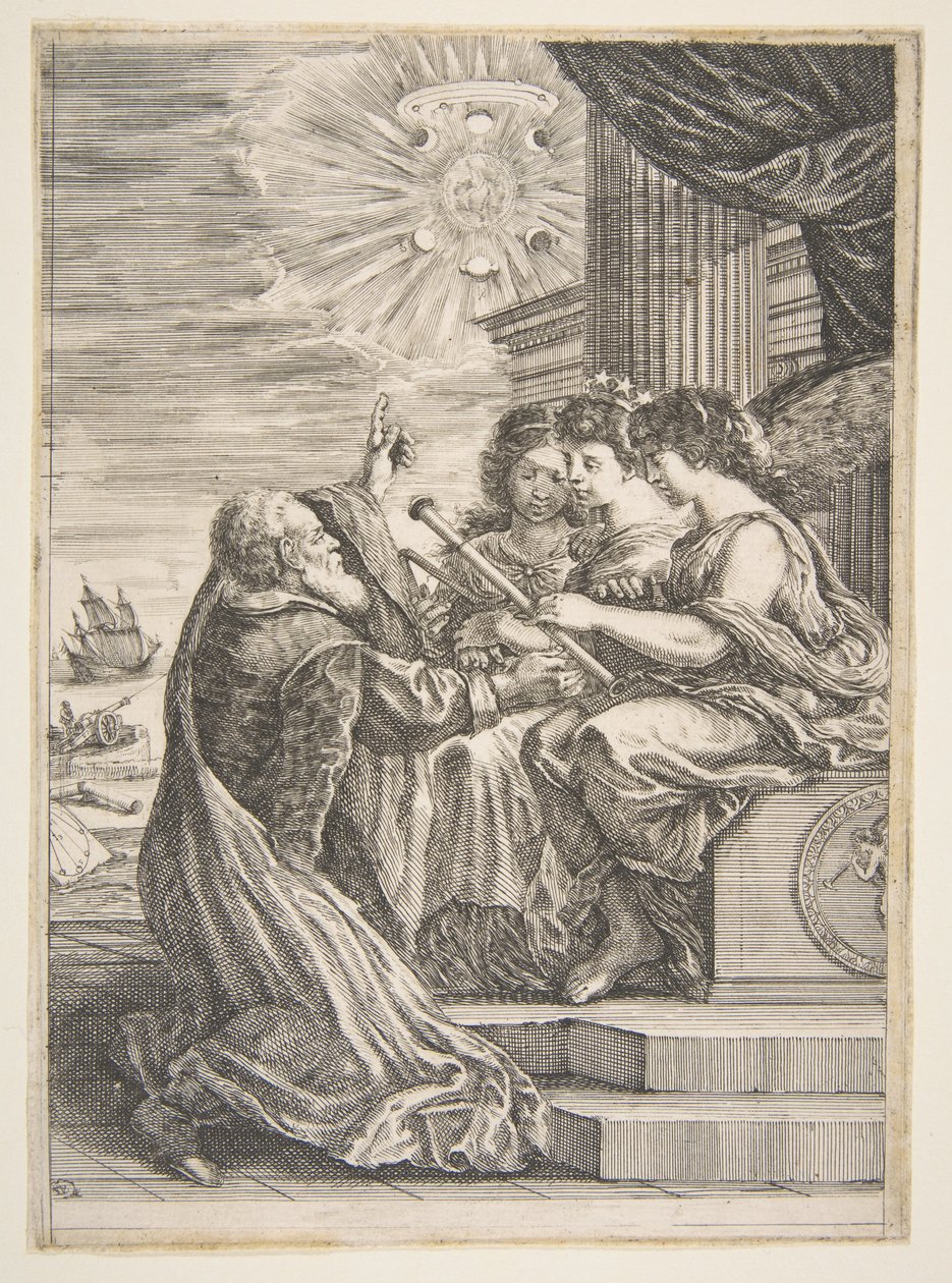 Galileu e personificações da Astronomia, Perspectiva e Matemática, frontispício para 