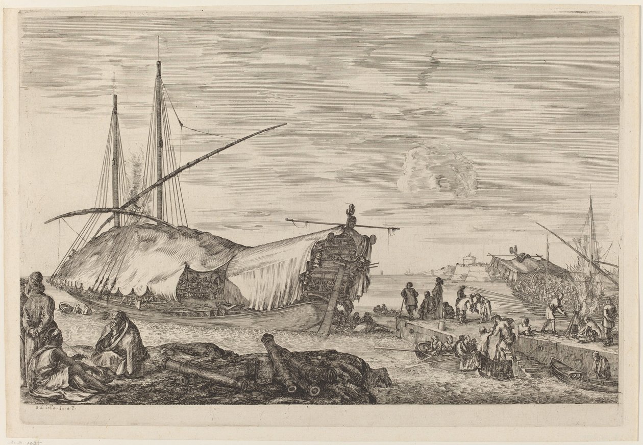 Galera com Convés Coberto de Velas, provavelmente c. 16541655. de Stefano della Bella