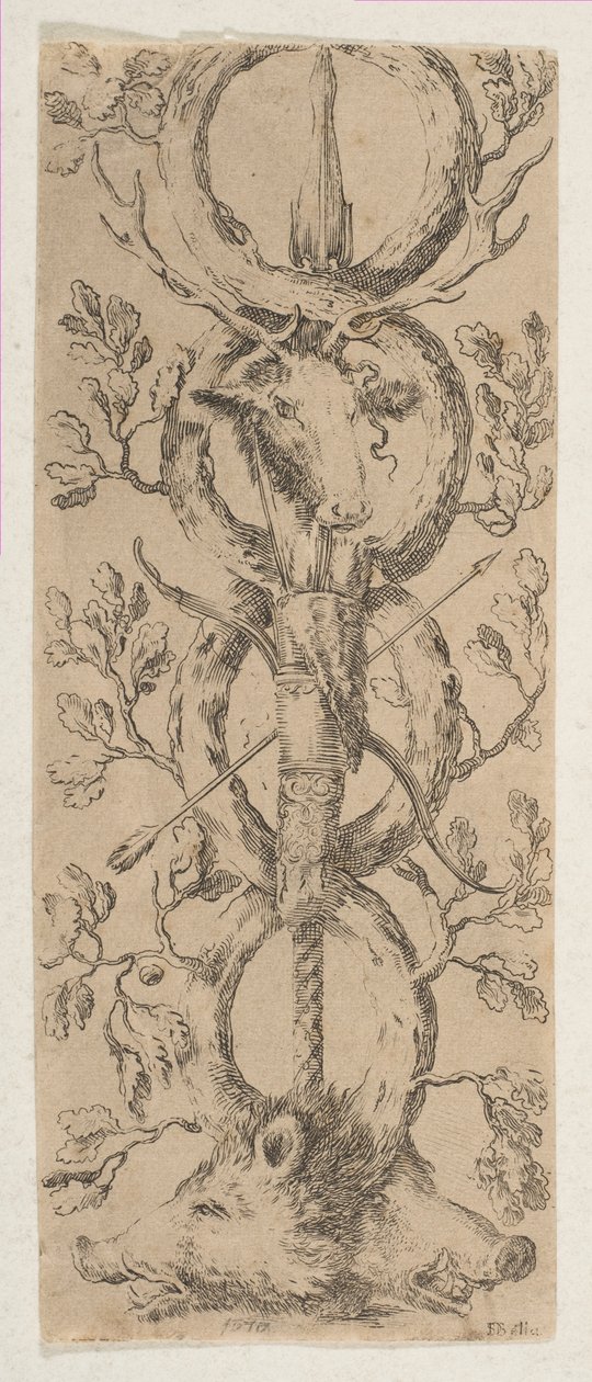 Cabeças de um veado e dois javalis em Rinceaux of Oak Branches, ca. 1653. de Stefano della Bella